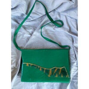 Vintage 80s BRIAN JEFFREY Green Leather Gold Stencil Snakeskin CONVERTIBLE Clutc
